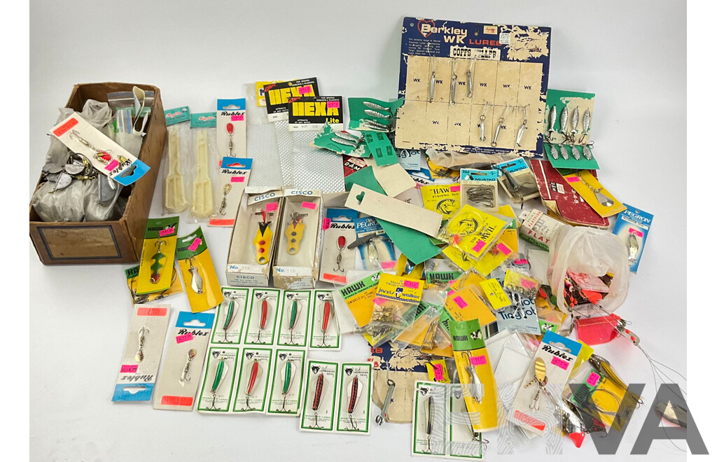 Collection of Vintage Fishing Lures, Sinkers, Swivels Including Tasmanian Devil, Rublex, Pegron, Hawk, Most in Original Packaging