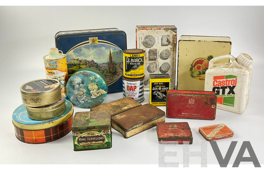 Collection of Vintage Tins Including Sunbeam Lan-o-leen Sheep Dip Money Tin, Benson & Hedges, Ring Travellers, G.J Coles & Coy Toffees, Arnotts, Willow Fruit Tin with Castrol GTX One Quart Plastic Bottle