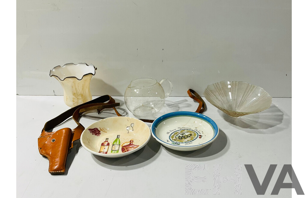 Collection of Vintage Decorative Items Including Bowls, Leather Gun Holster, Glass Lampshade and Morw