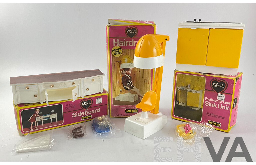 Vintage Pedigree Sindy Accessories Including Sideboard, Hairdryer, Eastham E-LineWall Sink Unit, All with Original Packaging