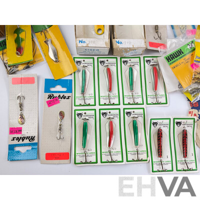 Collection of Vintage Fishing Lures, Sinkers, Swivels Including Tasmanian Devil, Rublex, Pegron, Hawk, Most in Original Packaging