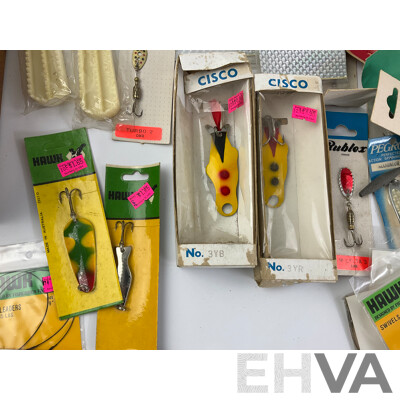 Collection of Vintage Fishing Lures, Sinkers, Swivels Including Tasmanian Devil, Rublex, Pegron, Hawk, Most in Original Packaging