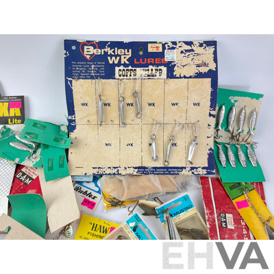 Collection of Vintage Fishing Lures, Sinkers, Swivels Including Tasmanian Devil, Rublex, Pegron, Hawk, Most in Original Packaging