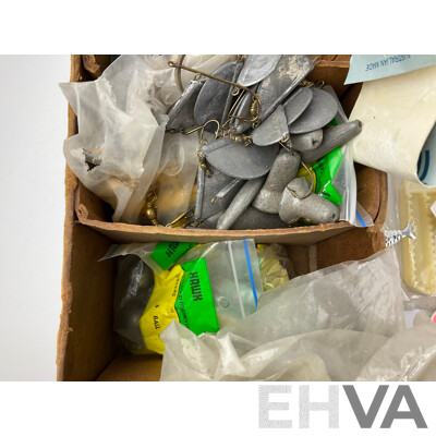 Collection of Vintage Fishing Lures, Sinkers, Swivels Including Tasmanian Devil, Rublex, Pegron, Hawk, Most in Original Packaging