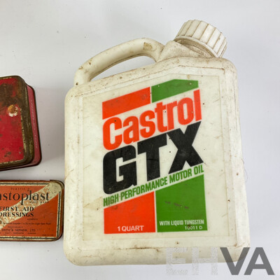 Collection of Vintage Tins Including Sunbeam Lan-o-leen Sheep Dip Money Tin, Benson & Hedges, Ring Travellers, G.J Coles & Coy Toffees, Arnotts, Willow Fruit Tin with Castrol GTX One Quart Plastic Bottle