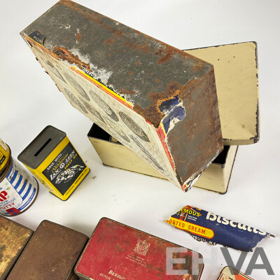 Collection of Vintage Tins Including Sunbeam Lan-o-leen Sheep Dip Money Tin, Benson & Hedges, Ring Travellers, G.J Coles & Coy Toffees, Arnotts, Willow Fruit Tin with Castrol GTX One Quart Plastic Bottle
