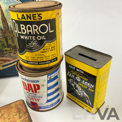 Collection of Vintage Tins Including Sunbeam Lan-o-leen Sheep Dip Money Tin, Benson & Hedges, Ring Travellers, G.J Coles & Coy Toffees, Arnotts, Willow Fruit Tin with Castrol GTX One Quart Plastic Bottle