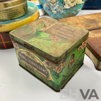 Collection of Vintage Tins Including Sunbeam Lan-o-leen Sheep Dip Money Tin, Benson & Hedges, Ring Travellers, G.J Coles & Coy Toffees, Arnotts, Willow Fruit Tin with Castrol GTX One Quart Plastic Bottle