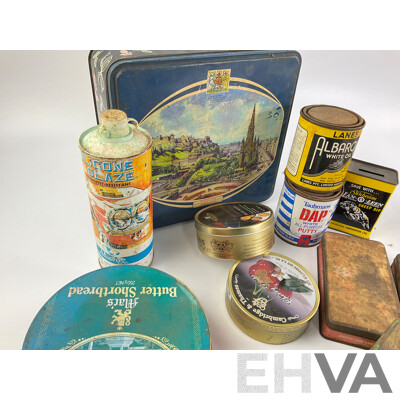 Collection of Vintage Tins Including Sunbeam Lan-o-leen Sheep Dip Money Tin, Benson & Hedges, Ring Travellers, G.J Coles & Coy Toffees, Arnotts, Willow Fruit Tin with Castrol GTX One Quart Plastic Bottle