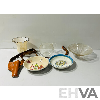 Collection of Vintage Decorative Items Including Bowls, Leather Gun Holster, Glass Lampshade and Morw