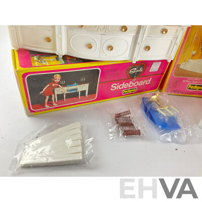 Vintage Pedigree Sindy Accessories Including Sideboard, Hairdryer, Eastham E-LineWall Sink Unit, All with Original Packaging