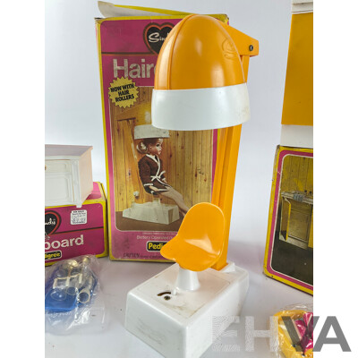 Vintage Pedigree Sindy Accessories Including Sideboard, Hairdryer, Eastham E-LineWall Sink Unit, All with Original Packaging