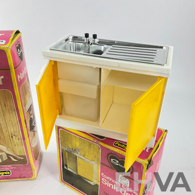 Vintage Pedigree Sindy Accessories Including Sideboard, Hairdryer, Eastham E-LineWall Sink Unit, All with Original Packaging