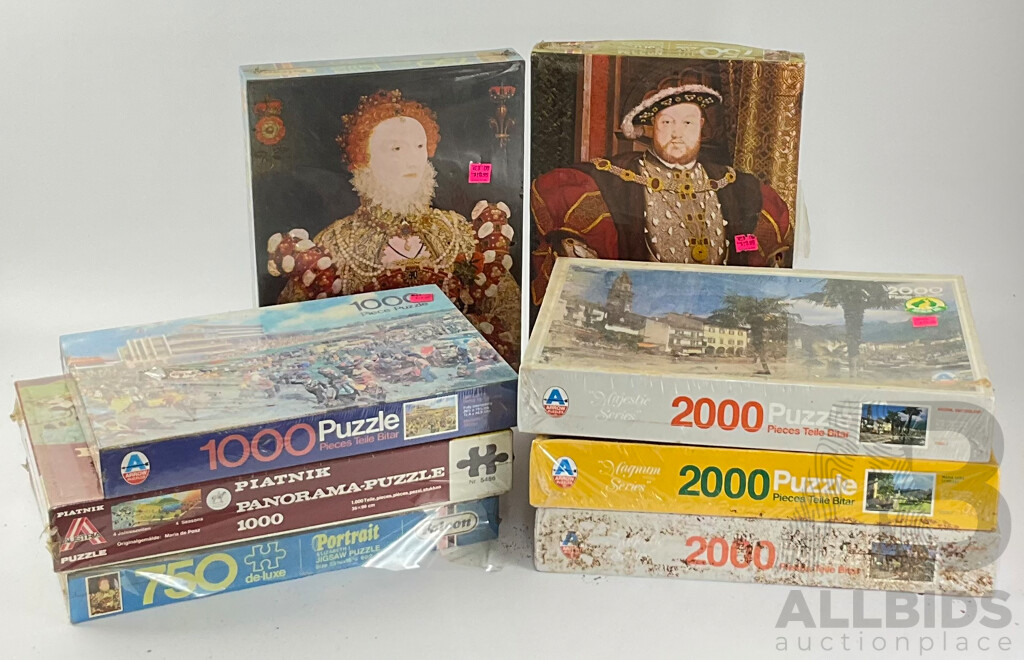 Eight Vintage Jigsaw Puzzles in Sealed Boxes Including Queen Elizabeth I, King Henry VIII, European Landscapes and More