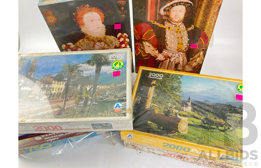 Eight Vintage Jigsaw Puzzles in Sealed Boxes Including Queen Elizabeth I, King Henry VIII, European Landscapes and More