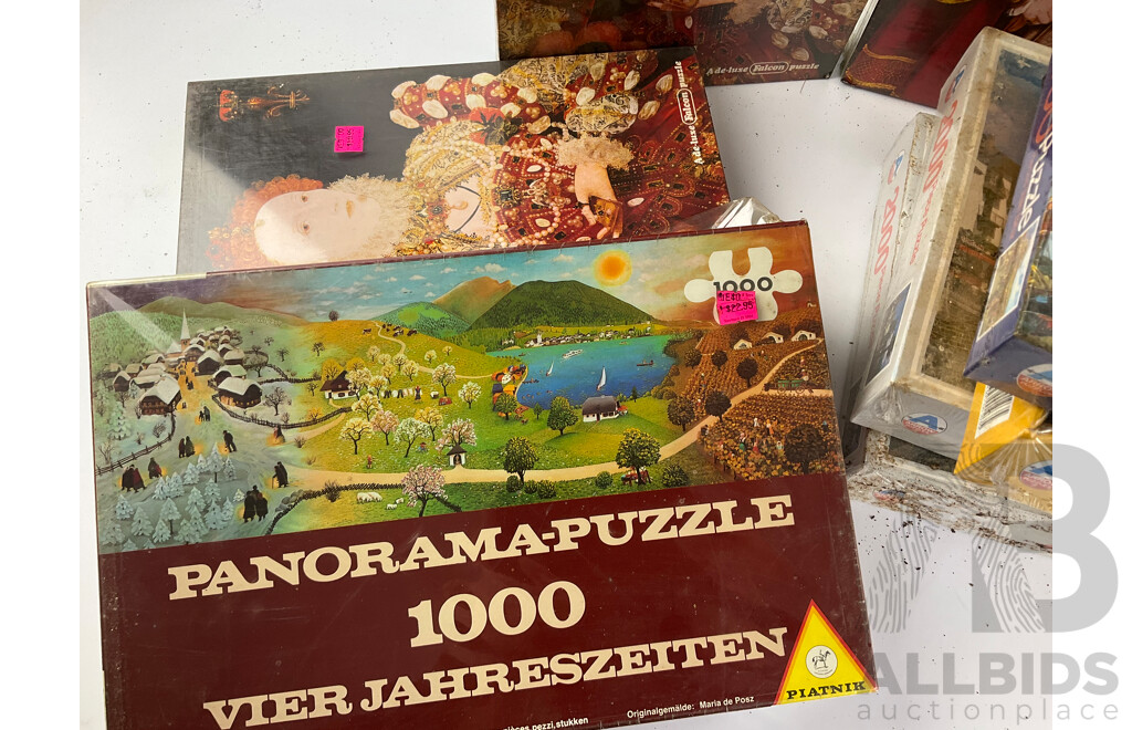 Eight Vintage Jigsaw Puzzles in Sealed Boxes Including Queen Elizabeth I, King Henry VIII, European Landscapes and More