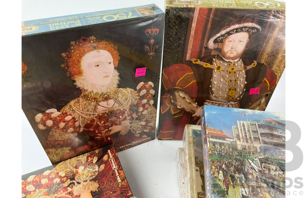 Eight Vintage Jigsaw Puzzles in Sealed Boxes Including Queen Elizabeth I, King Henry VIII, European Landscapes and More