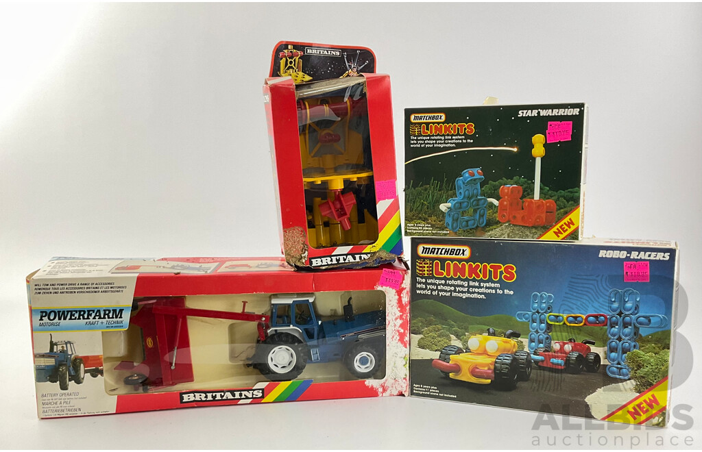 Vintage Britains Battery Operated Power Farm Ford Tractor and Space Landing Pad with Matchbox Linkits Star Warrior and Robo-Racers, All in Original Packaging