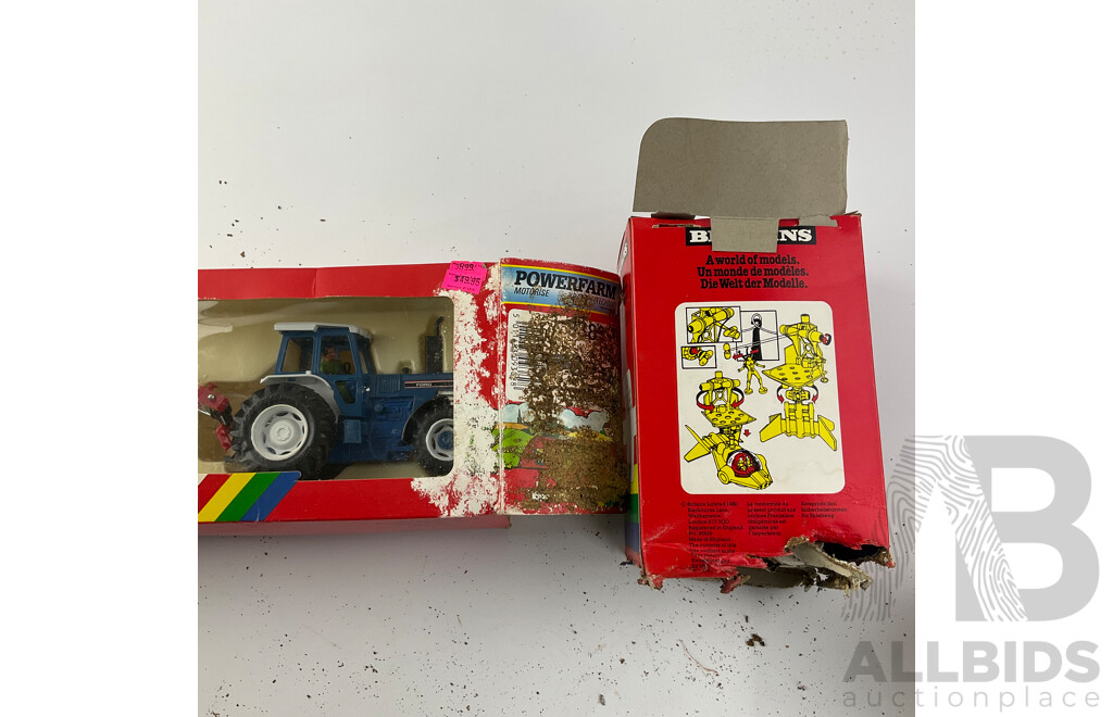 Vintage Britains Battery Operated Power Farm Ford Tractor and Space Landing Pad with Matchbox Linkits Star Warrior and Robo-Racers, All in Original Packaging