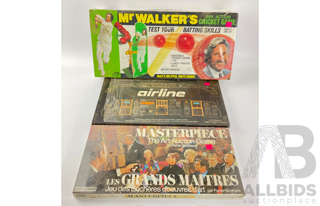 Vintage Board Games JAB Australia, Mr Walker's Junior Action Cricket Game, Parker Masterpeice - the Art Auction Game, Airline Board Game, All in Sealed Boxes