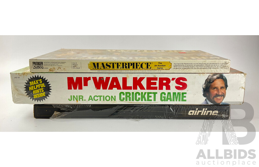 Vintage Board Games JAB Australia, Mr Walker's Junior Action Cricket Game, Parker Masterpeice - the Art Auction Game, Airline Board Game, All in Sealed Boxes