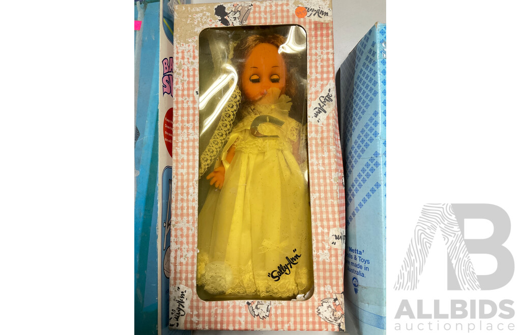 Vintage Sally Ann Doll and Children's Dress Up Clothes, Baby on Swing, Netta Doll and Kenbrite Fancy N Fresh Perfume Kit, All with Original Packaging