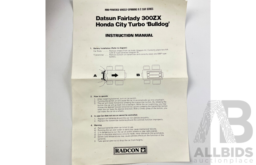 Vintage Radcon Wheely-Spinning Honda City Turbo Bulldog Remote Controlled Car in Original Packaging