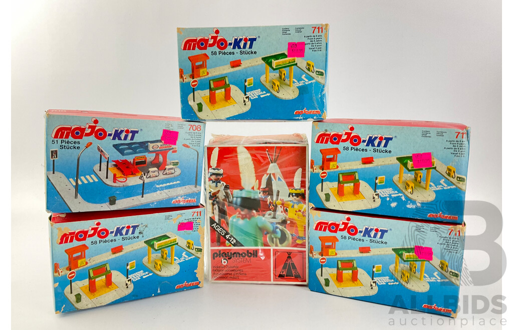 Vintage Majorrett Majo-kits, Self Serve Petrol Stations 708 and 711 with Playmobil System Native American Set, All in Original Packaging