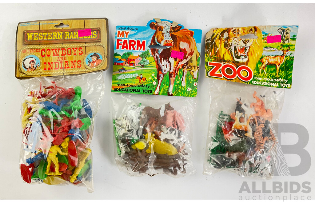 Collection of 1980's Plastic Figures Including Western Rangers Cowboys and Indians, Hand Painted My Farm and Zoo, All in Original Packaging