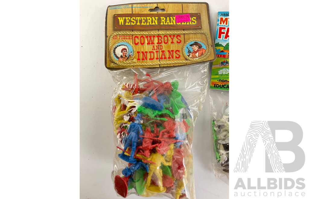 Collection of 1980's Plastic Figures Including Western Rangers Cowboys and Indians, Hand Painted My Farm and Zoo, All in Original Packaging