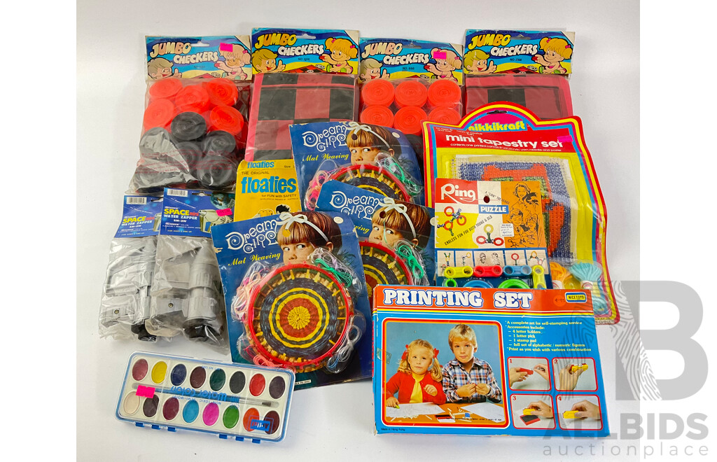 Collection of Vintage Childrens Toys Including Jumbo Checkers, Dream Girl Mat Weaving, Printing Set, Ring Puzzle, Space Water Guns, Mini Tapestry Set, Floaties and Water Paints, All in Original Packaging