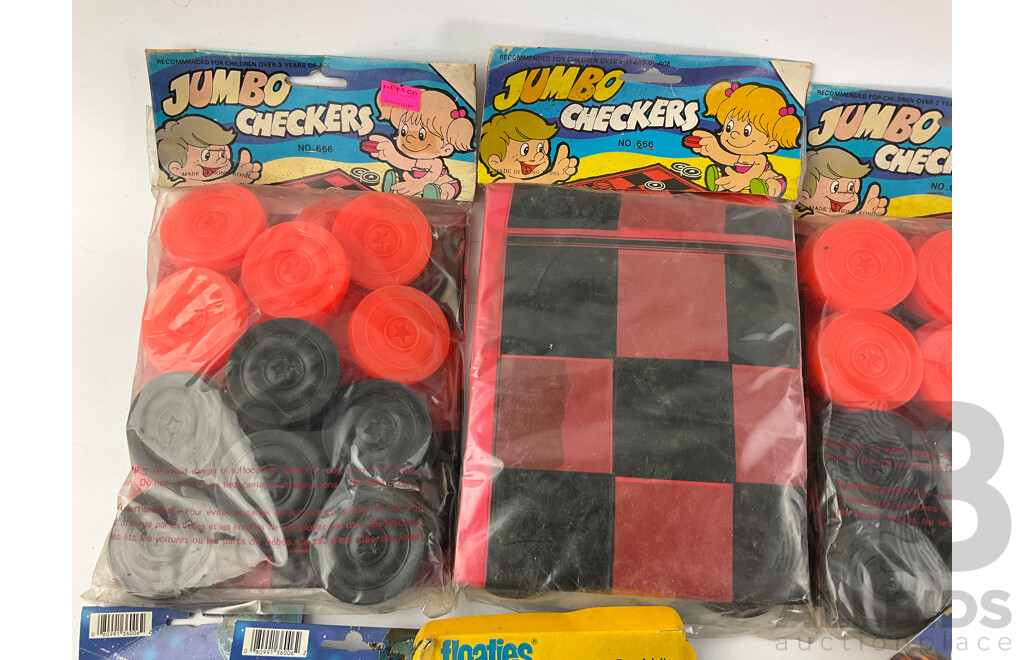 Collection of Vintage Childrens Toys Including Jumbo Checkers, Dream Girl Mat Weaving, Printing Set, Ring Puzzle, Space Water Guns, Mini Tapestry Set, Floaties and Water Paints, All in Original Packaging