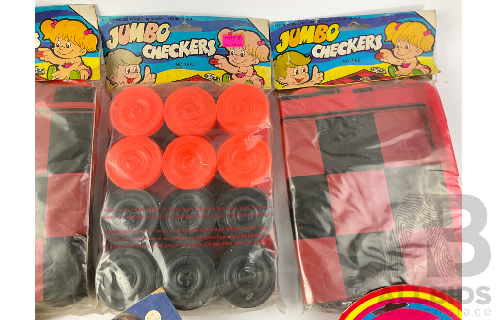 Collection of Vintage Childrens Toys Including Jumbo Checkers, Dream Girl Mat Weaving, Printing Set, Ring Puzzle, Space Water Guns, Mini Tapestry Set, Floaties and Water Paints, All in Original Packaging