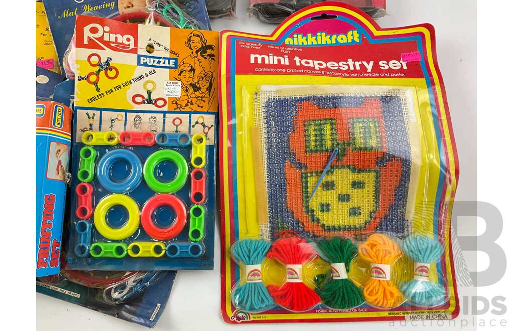 Collection of Vintage Childrens Toys Including Jumbo Checkers, Dream Girl Mat Weaving, Printing Set, Ring Puzzle, Space Water Guns, Mini Tapestry Set, Floaties and Water Paints, All in Original Packaging