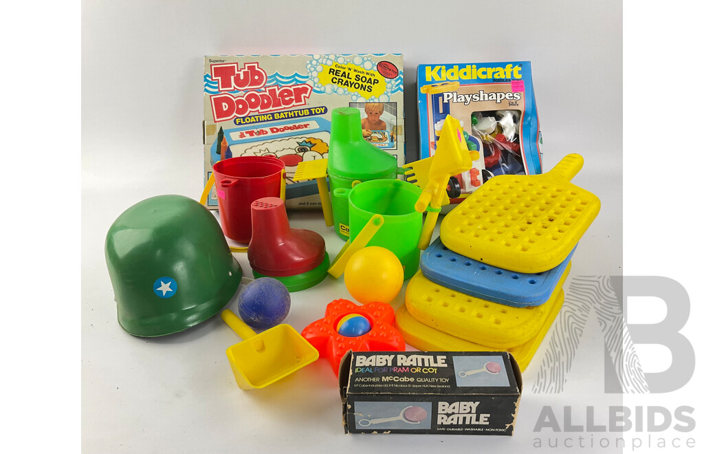 Collection of Vintage Baby and Toddler Toys Including Combex Shovel, Rakes, Buckets and Racquet’s Kiddiecraft Play Shapes and More