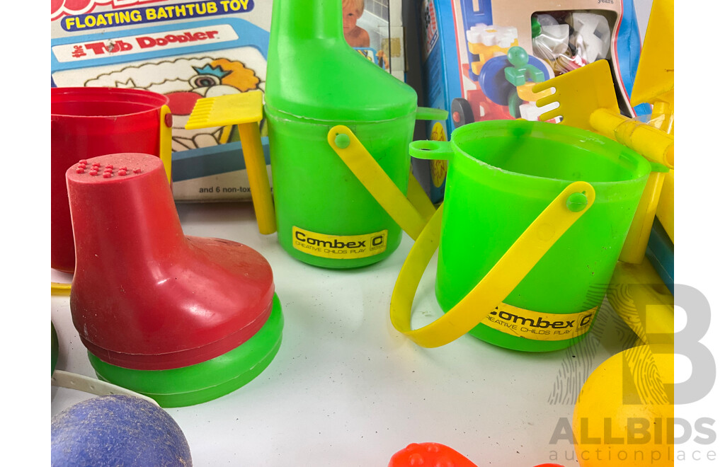 Collection of Vintage Baby and Toddler Toys Including Combex Shovel, Rakes, Buckets and Racquet’s Kiddiecraft Play Shapes and More