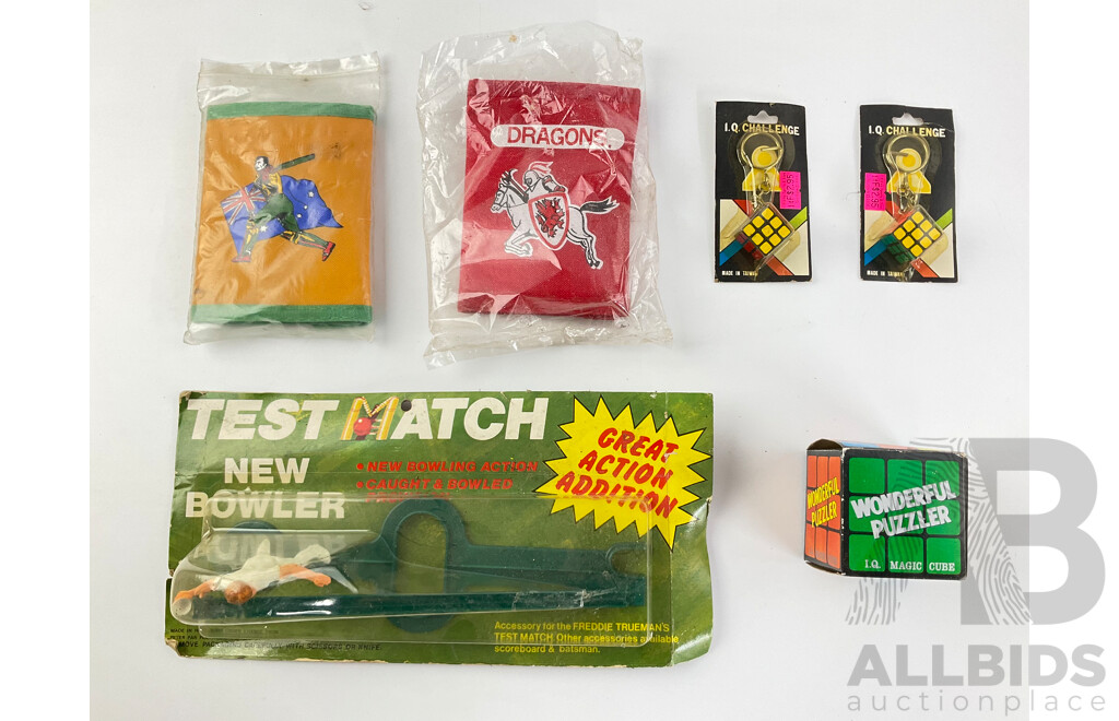 Vintage Freddie Truemans Test Match New Bowler, St George Dragons and Australian Cricketer Wallets, I.Q Challenge Key Rings and I.Q Magic Cube , All in Original Packaging