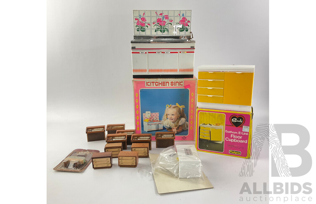 Collection of Vintage Dolls Furniture and Accessories Including Pedigree Sindy Floor Cupboard, Daiya Kitchen Sink, Timber Tables, Organs and Drawer Units and Caroline's Home Flower Planter, Most in Original Packaging