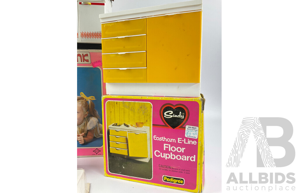 Collection of Vintage Dolls Furniture and Accessories Including Pedigree Sindy Floor Cupboard, Daiya Kitchen Sink, Timber Tables, Organs and Drawer Units and Caroline's Home Flower Planter, Most in Original Packaging