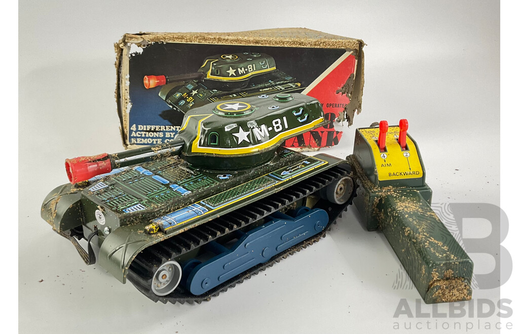 Vintage Trade Mark Modern Toys Pressed Steel Remote Controlled Tank, with Weathered Box, Made in Japan