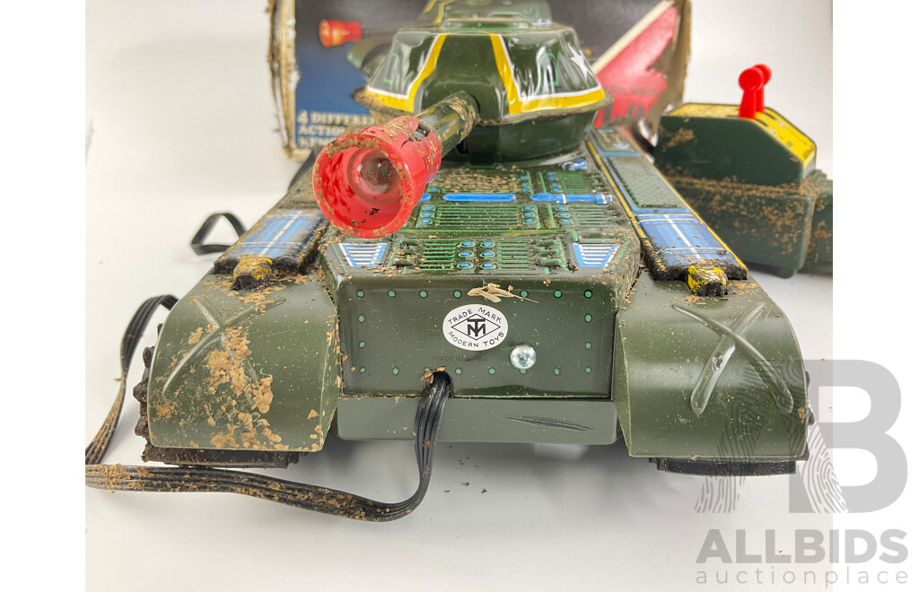 Vintage Trade Mark Modern Toys Pressed Steel Remote Controlled Tank, with Weathered Box, Made in Japan