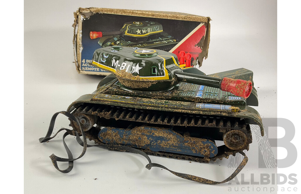 Vintage Trade Mark Modern Toys Pressed Steel Remote Controlled Tank, with Weathered Box, Made in Japan