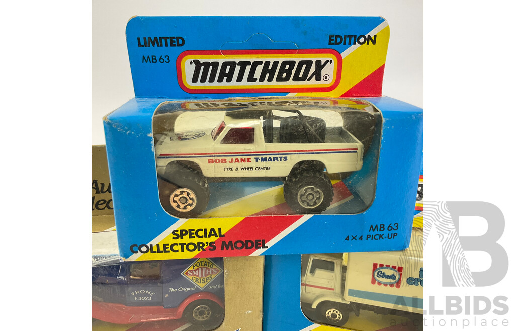 Collection of 1980's Matchbox Vehicles Including Limitred Edition and Australian Collectors, Bob Jane T Marts 4X4 Pickup, Streets Ice Cream Elivery Truck and More