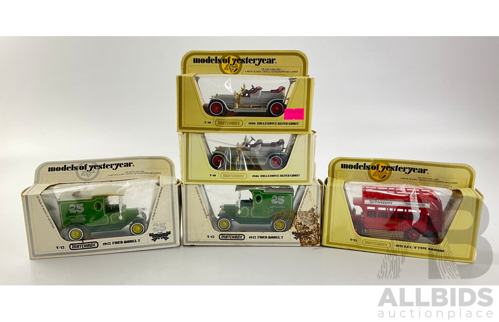 Collection of 1970's Matchbox Models of Yesteryear Including 1922 AEC Bus, 1912 Ford Model T, Rolls Royce Silver Ghost