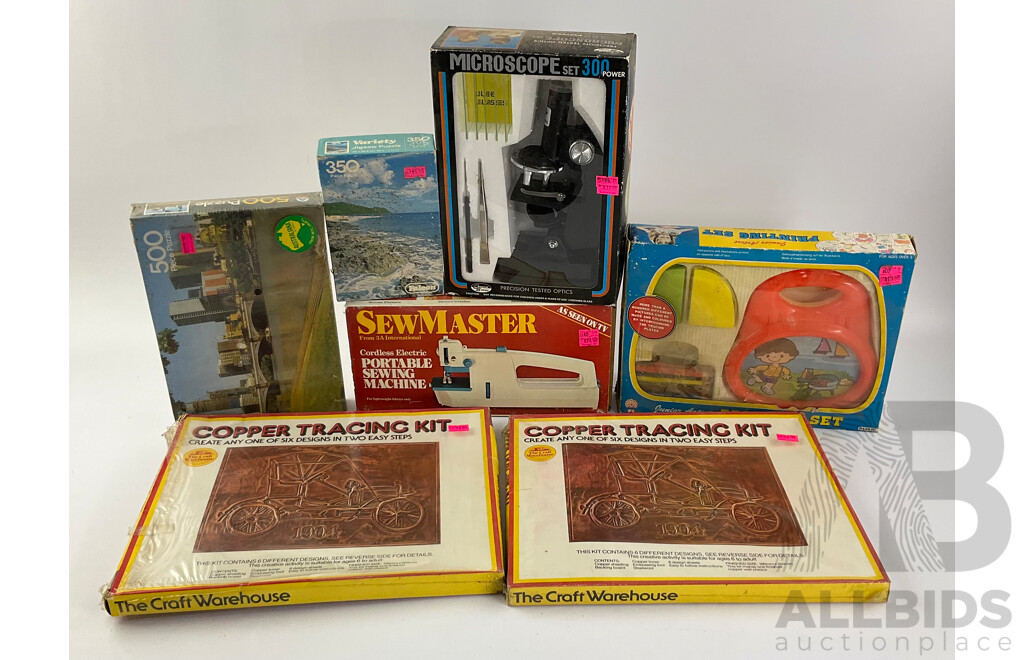 Variety of Boxed Vintage Items Including Copper Tracing Kits, Creative Science Microscope, Sew Master Portable Sewing Machine, Jigsaw Puzzles and Junior Printing Set