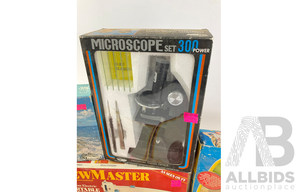 Variety of Boxed Vintage Items Including Copper Tracing Kits, Creative Science Microscope, Sew Master Portable Sewing Machine, Jigsaw Puzzles and Junior Printing Set