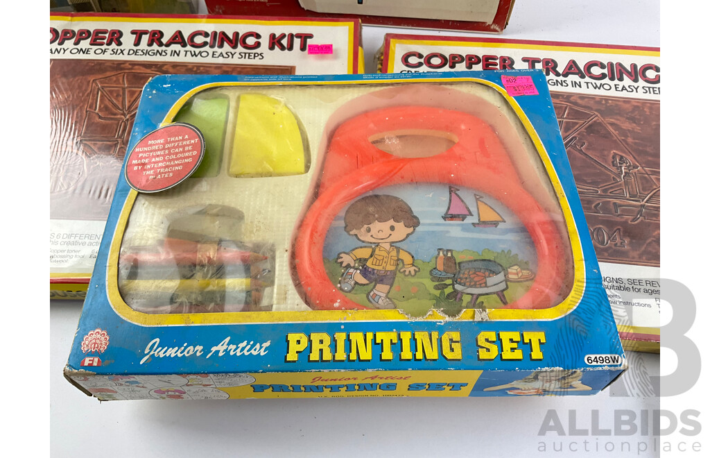 Variety of Boxed Vintage Items Including Copper Tracing Kits, Creative Science Microscope, Sew Master Portable Sewing Machine, Jigsaw Puzzles and Junior Printing Set