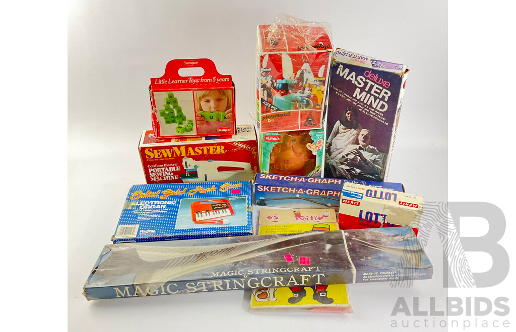 Variety of Boxed Vintage Toys, Hobbies and Crafts Including Playmobil Native American Set, Snugglbums Glow Doll, Play Time Electric Organ, Magic String Craft and More