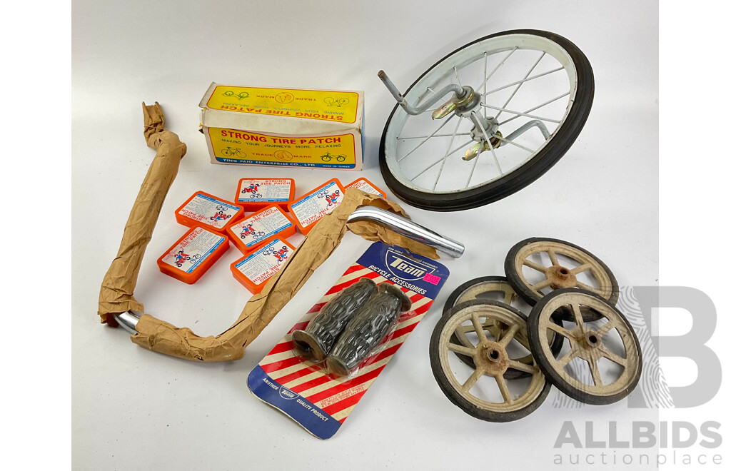 Collection of Vintage Cycle Parts and Accessories Including Team Handlebar Grips in Packet, Chrome Handlebars, Tire Tube Patch Repair Kits, Peddle Car Wheels and Trike Wheel