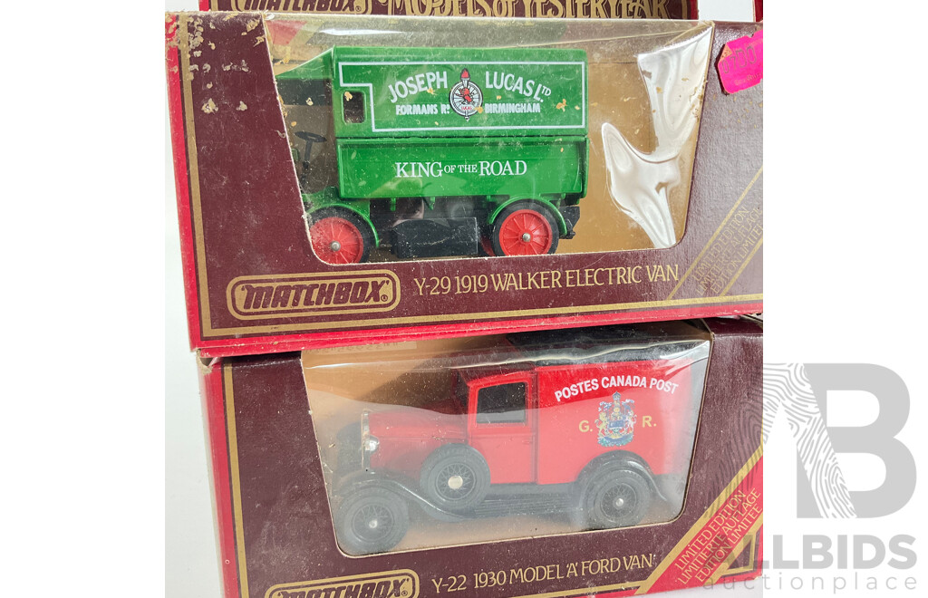 Collection of Matchbox Models of Yesteryear Company Trucks Including Ford Model 'A' and 'T' Vans, Walker Electric Van, Renault AG, Foden Steam Wagon